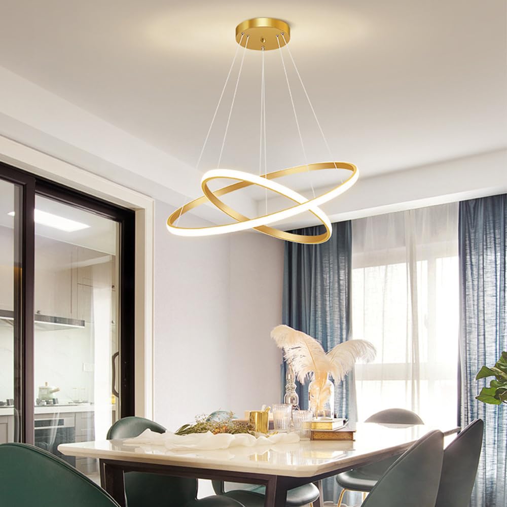 Lámpara Colgante LED, Moderna Colgante de Techo Altura Regulable 2 anillos Comedor Lamparas de Techo realizado Araña para Dormitorio salones Cocina Oficina mesa de comedor redondo Creativo (Dorado)