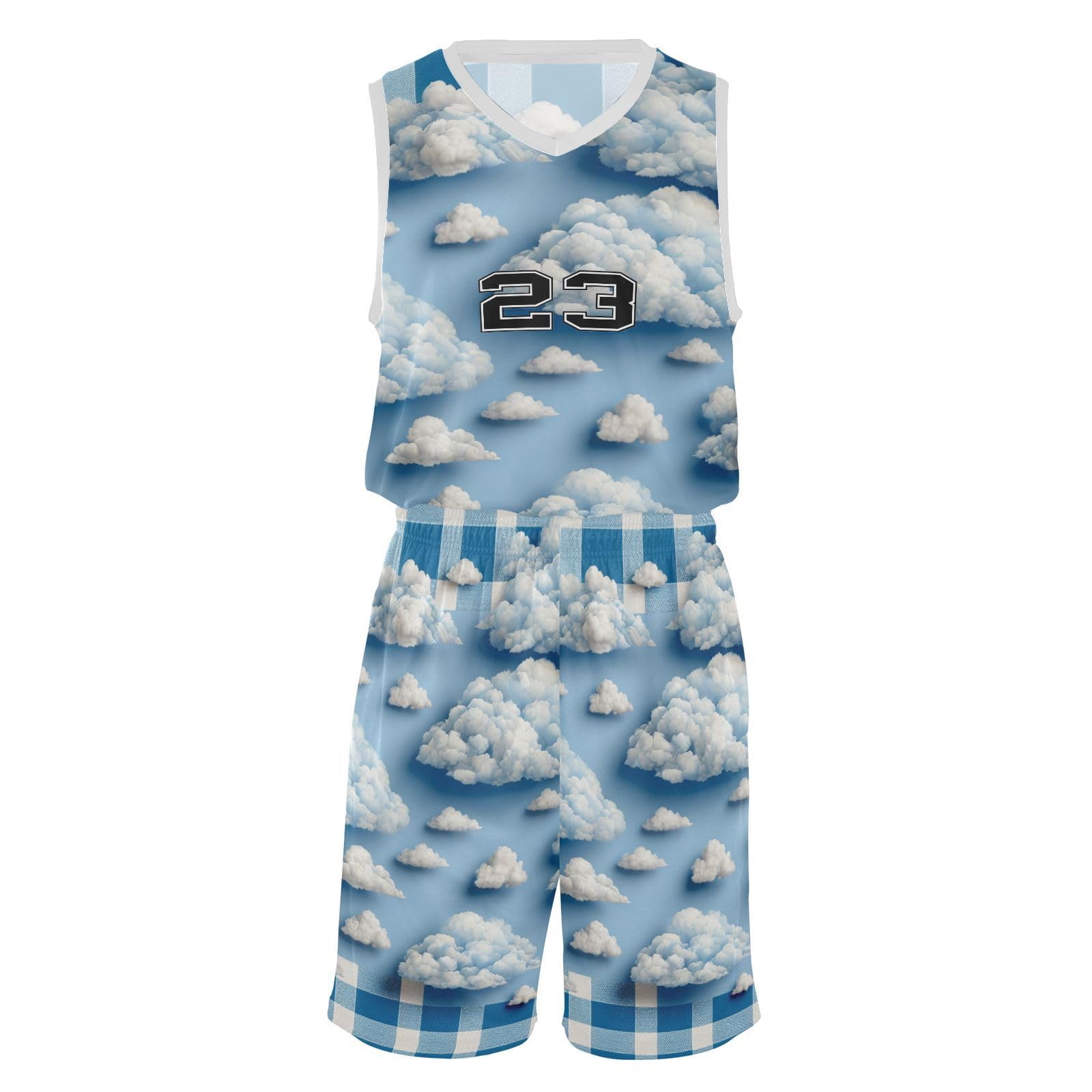 FLildon Blue Gingham with Clouds Boys Basketball Jersey Set Tank Top Shorts Tracksuit Sport Training Suit for Kids, S
