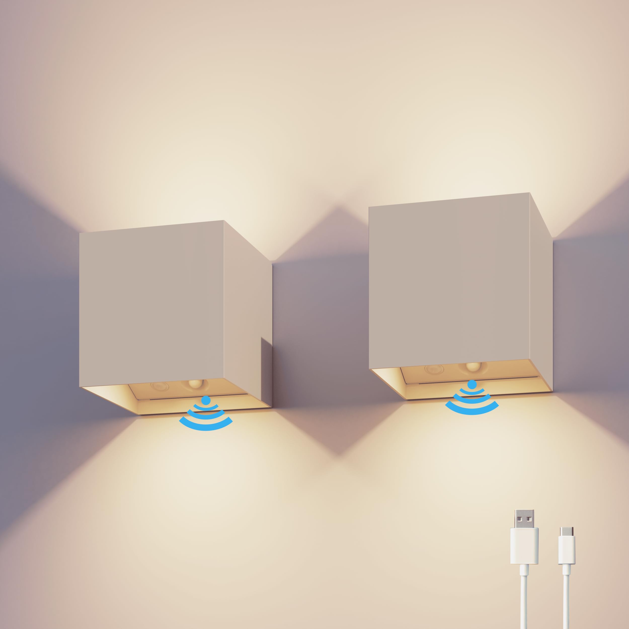 CALEX Volterra Wandleuchte, für Außen & Innen, warmweißes Up & Down Licht, Akku aufladbar mit USB-C, kabellos, Bewegungsmelder, wasserdicht, Sand, 2er Pack