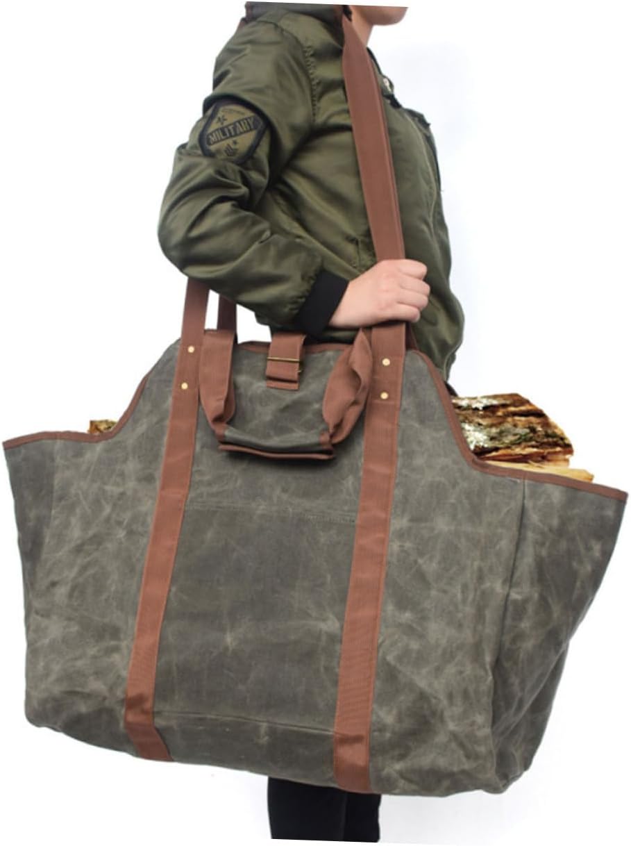 Cabilock Capacity Waxed Canvas Firewood Carrier Tote Bag for Fireplace Log Holder for Fire Pit Firewood Storage for Home Use