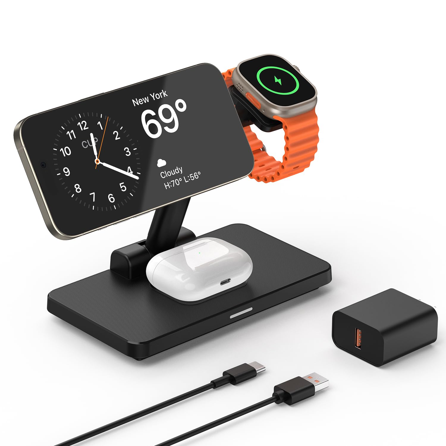 Wireless Charging Station for iPhone Mag-Safe: JoyGeek 3-in-1 Foldable Charger Phone Stand Charge for iPhone 16/15/14/13/12 Pro/Max/Plus - for AirPods - for Apple Watch 2-10/UltraRecycled Claim Standard Blended