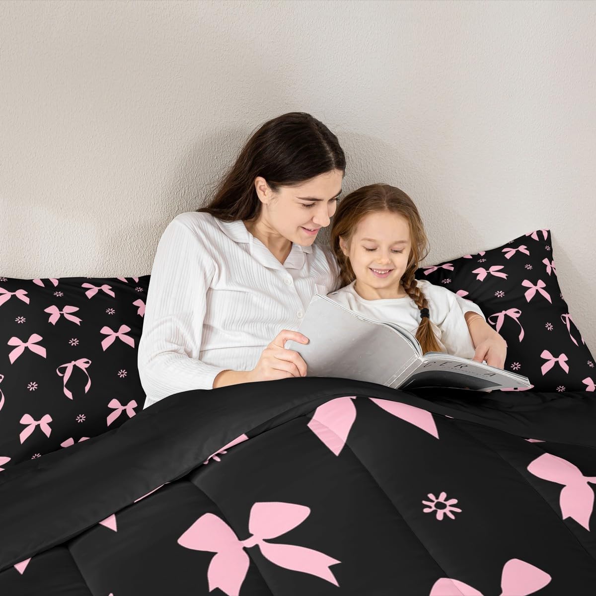 Feelyou Black Pink Bow Bedding Set Kids Cute Bow-tie Comforter Set Twin Size Girly Kawaii Bowknot Dreamy Princess Floral Duvet Quilt for Women Men Room Decor Soft Lightweight with 1 Pillow Case 2Pcs