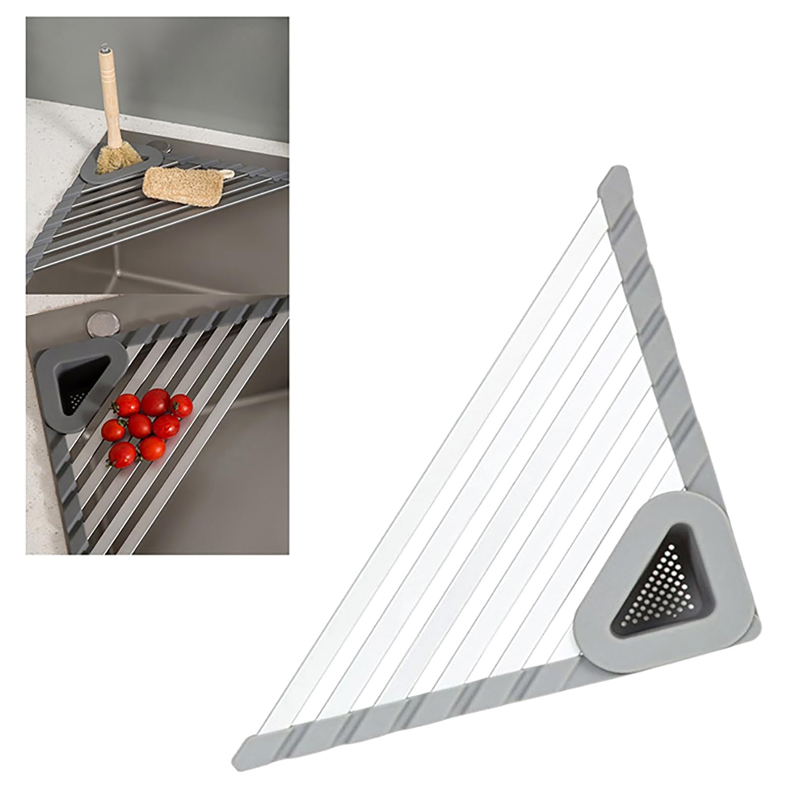 Uclac Large Triangle Above Sink Dish Drying Rack, Foldable Silicone Dish Drying Rack, Sponge Holder for Kitchen Sink Corner Organizer, Dishwashing Mat Drainer Shelf for Space Saving Storage