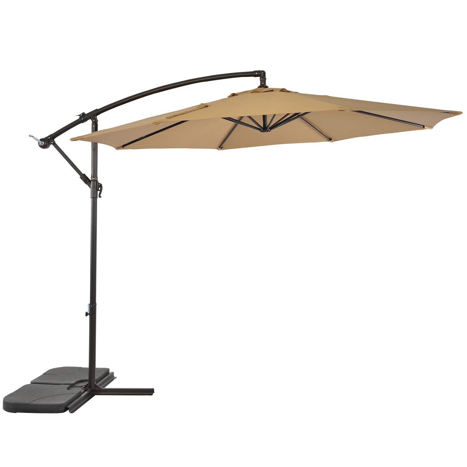 Sun-Ray 811044 10' Round Cantilever 8-Rib Offset Solar Lighted Outdoor Patio Umbrella, 40 LED Lights, Crank with Adjustable Tilt, Cross Base, Aluminum Frame, for Backyard, Deck, Pool, and Lawn, Taupe