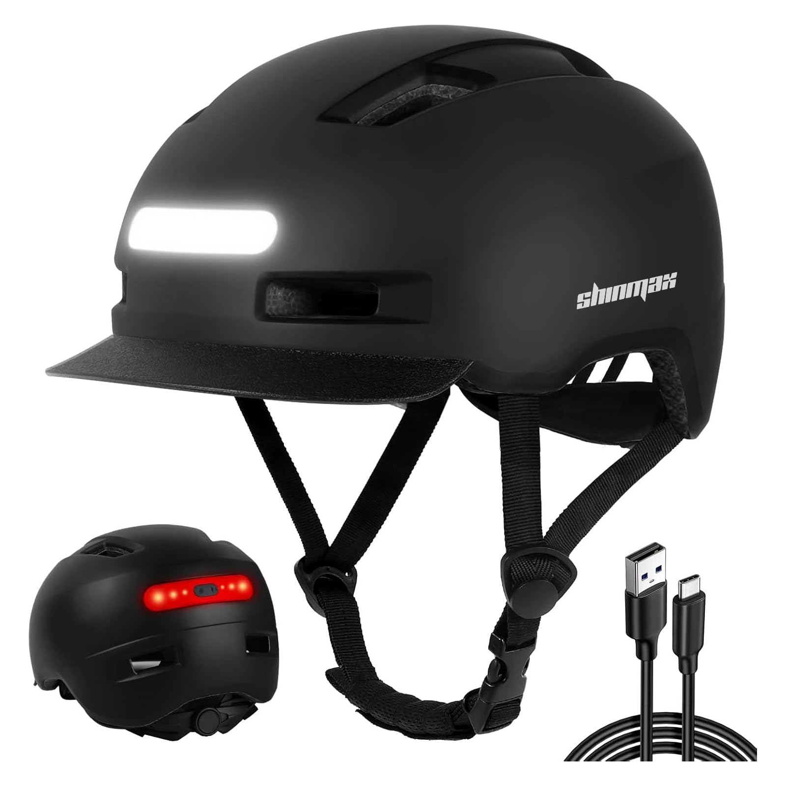 Shinmax Casque Velo Homme Femme avec 5 Modes Lumière USB et Visière, Casque Trottinette Electrique Adulte