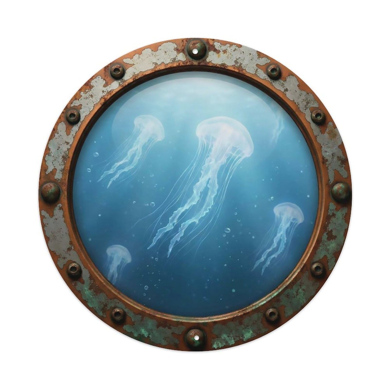 Vintage Porthole Jellyfish Drift Nautical Window View Metal Tin Sign