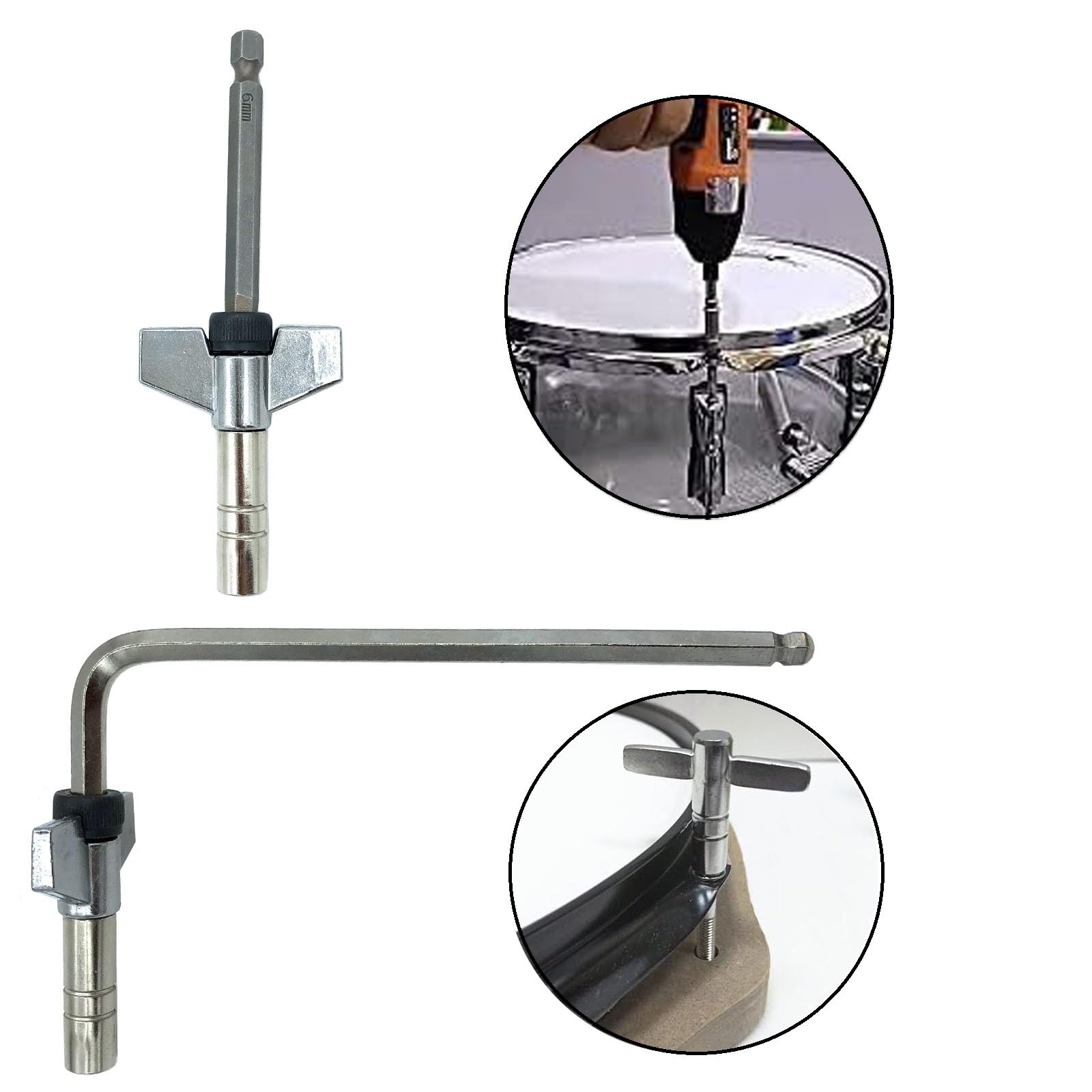 TUOREN Drum Key Drill Bit Set Include 2Pcs Drum Tuning Key, 2Pcs Drill Bits, 2Pcs L-shaped Wrench, Percussion Tunner Tool for Jazz Drum Accessories Metal Handle Wing Nut Silver