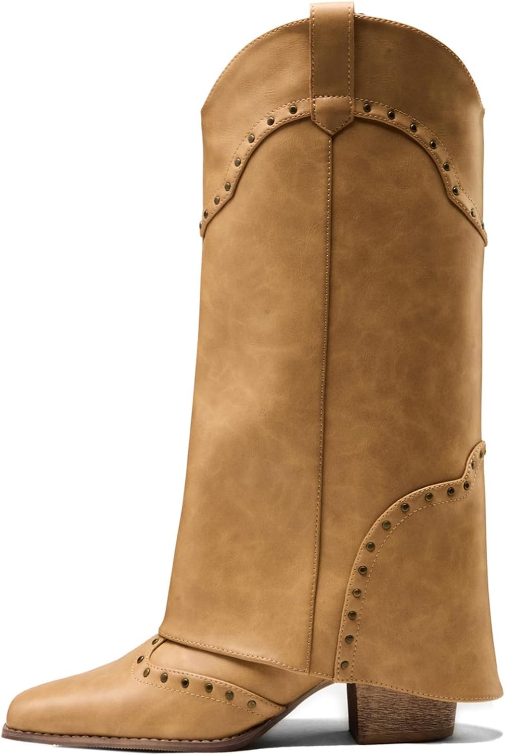 Women Shark Boots Fold Over Studded Mid Calf Cowboy Chunky Heel Pointed Toe Cowgirl Boots - Image 3