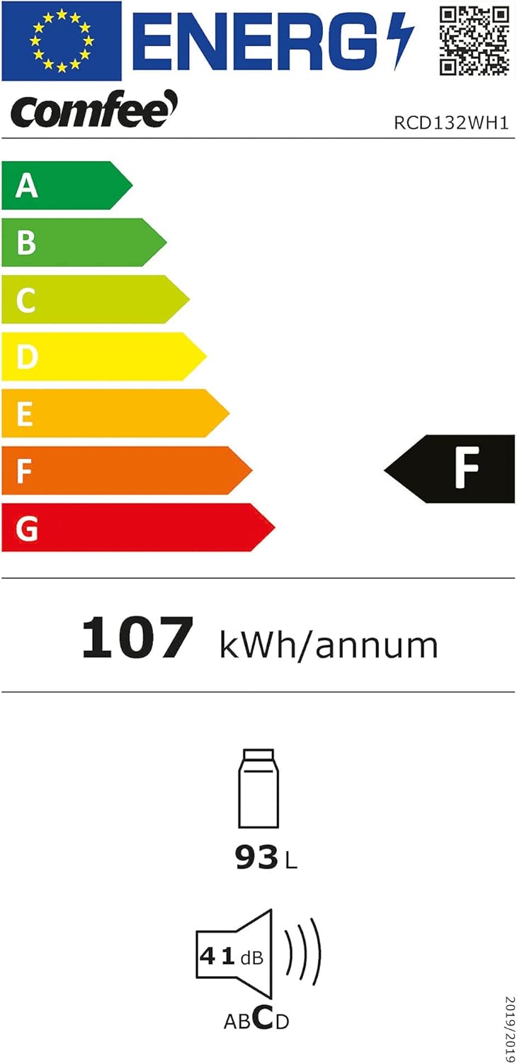 Comfee RCD132WH1 - Frigorifero, altezza 85 cm, 107 kWh/anno, 93 L, colore: Bianco [Classe di efficienza energetica F]