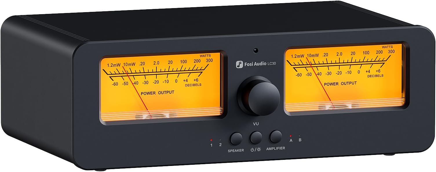 Fosi Audio LC30 VU Meter Amplifier Speaker Selector Switch Box Audio Visualizer 2 in 2 Out Vintage Switcher for High Power Stereo Class A, B, AB, D, Tube Amps Home Audio Component with Remote Control