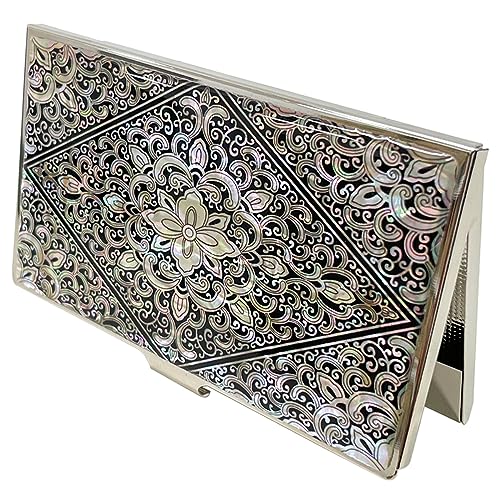 Mother of Pearl Business Card Case Credit Id Name Holder Travel Wallet Art Painting Design Metal Stainless Steel Engraved Slim Purse Pocket Cash Money Wallet (Diamond Arabesque)4