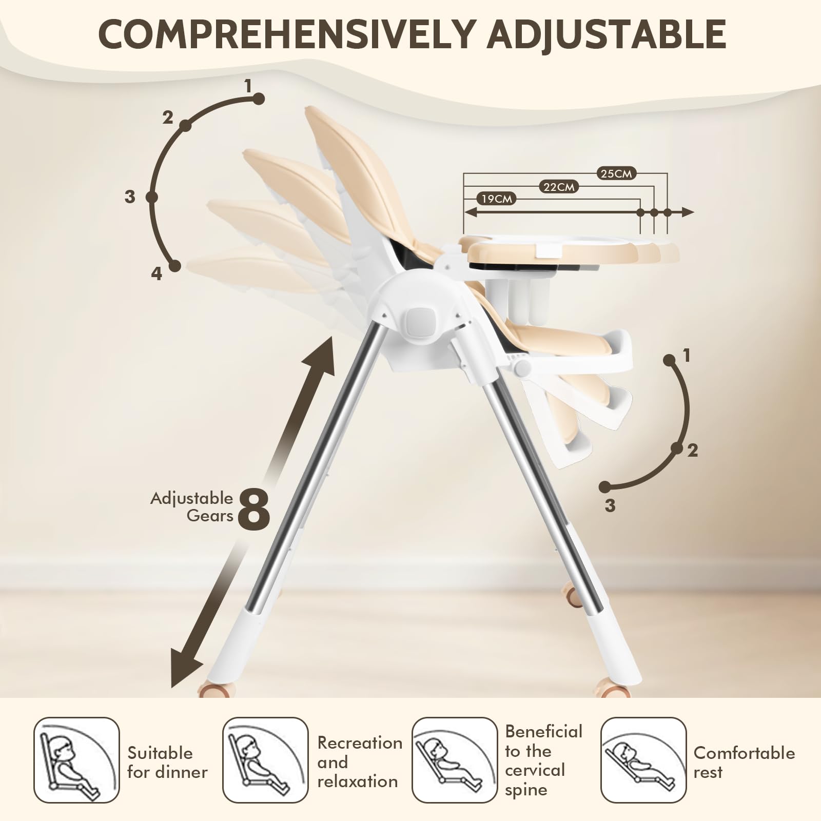 Chaise haute bébé pliante 4en1, 4 Positions d'Inclinaison, Hauteur réglable, Chaise haute enfant avec plateau amovible et roulettes, évolutive avec ceinture à 5 points, Beige