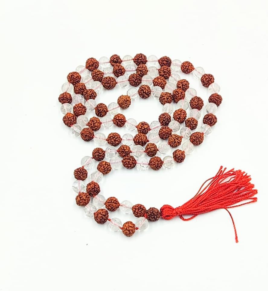 Rudraksha Sphatik Mala & Bracelet Set, 5 Face Panchmukhi Rudraksh & Rosary Crystal Sphatik 108 Beaded Mala & Bracelet for Meditation, Jaap & Daily Wear – Bead Size 8 mm (Pack of 2) - Image 2