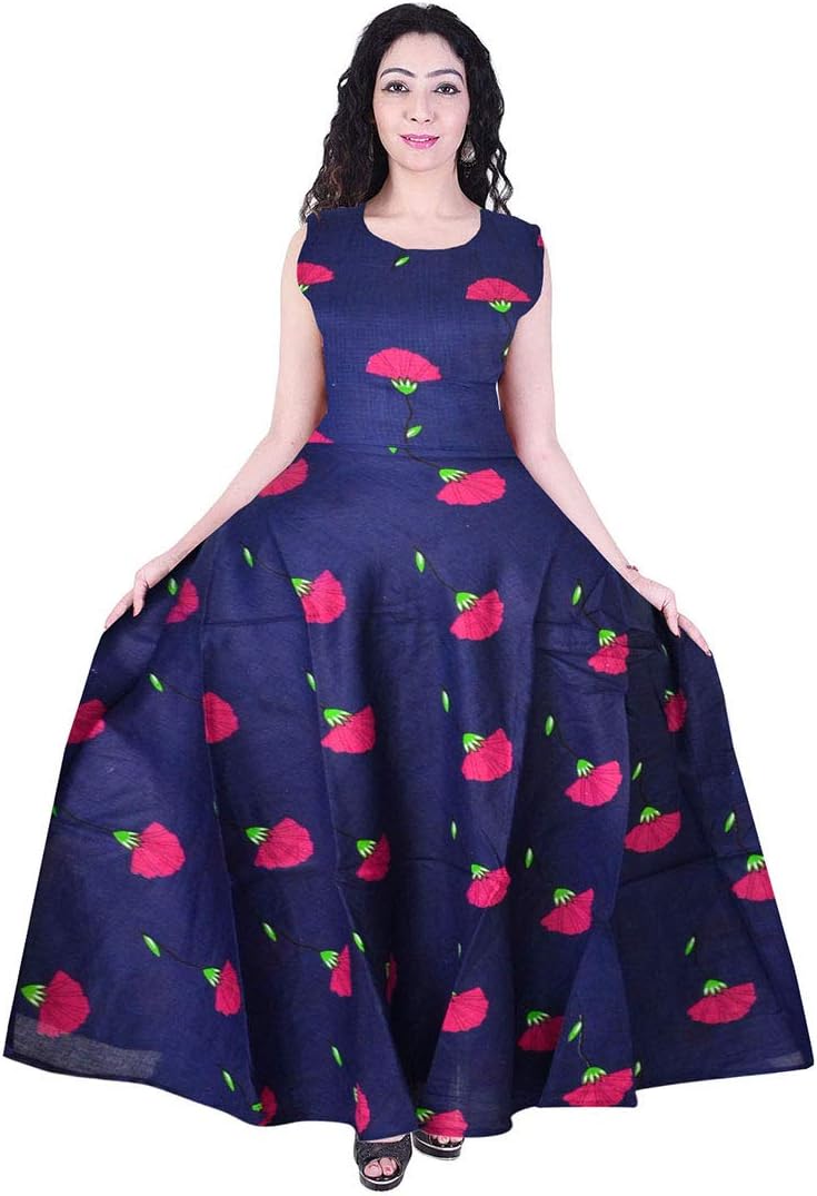 jwf Women's Rayon Jaipuri Floral Print Long Maxi Dress (Multicolour)