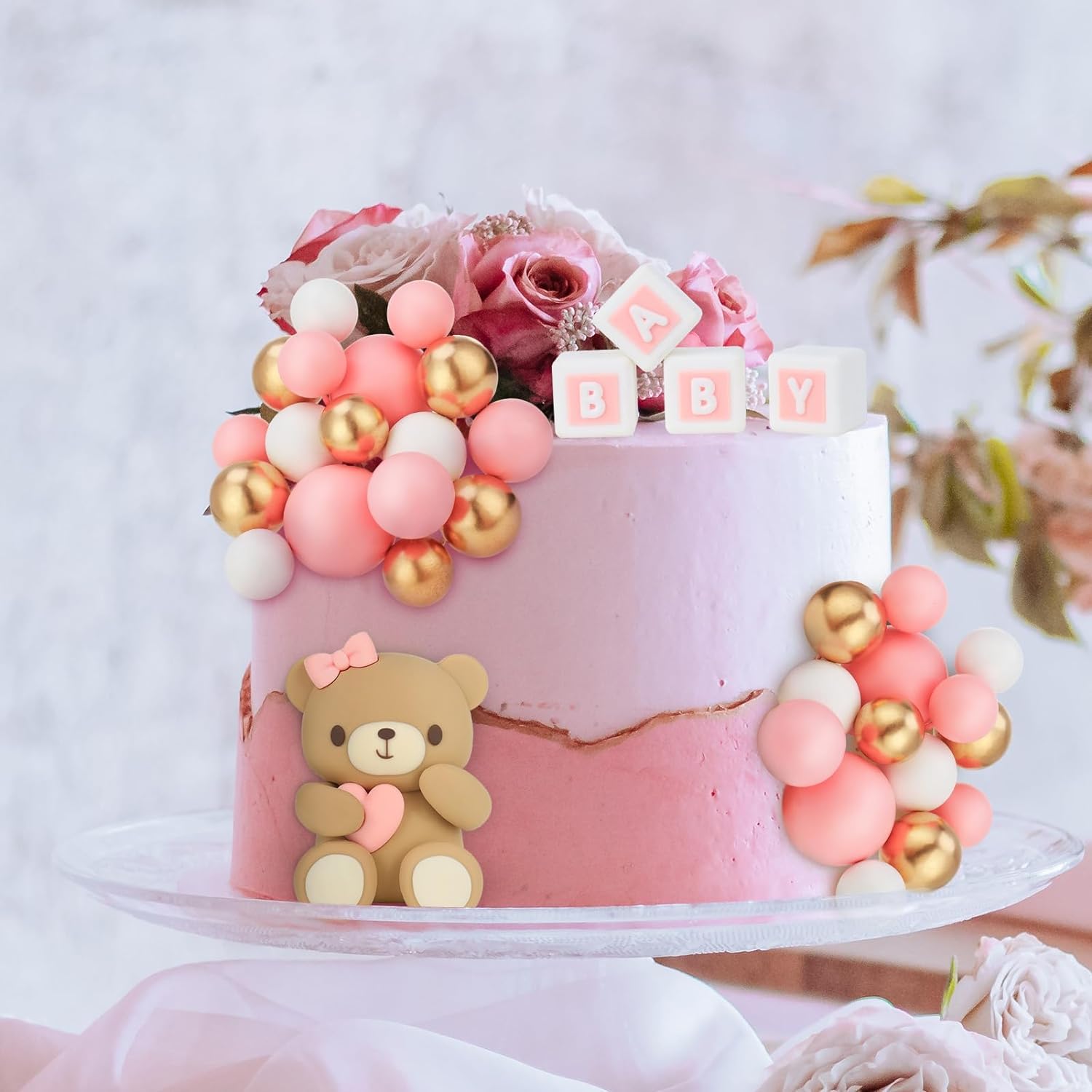 28 Palline Decorative Per Torte - Orsetto, Cuori E Stelle - Kit Completo Per Decorazioni In Rosa E Oro Per Compleanni E Baby Shower - 4
