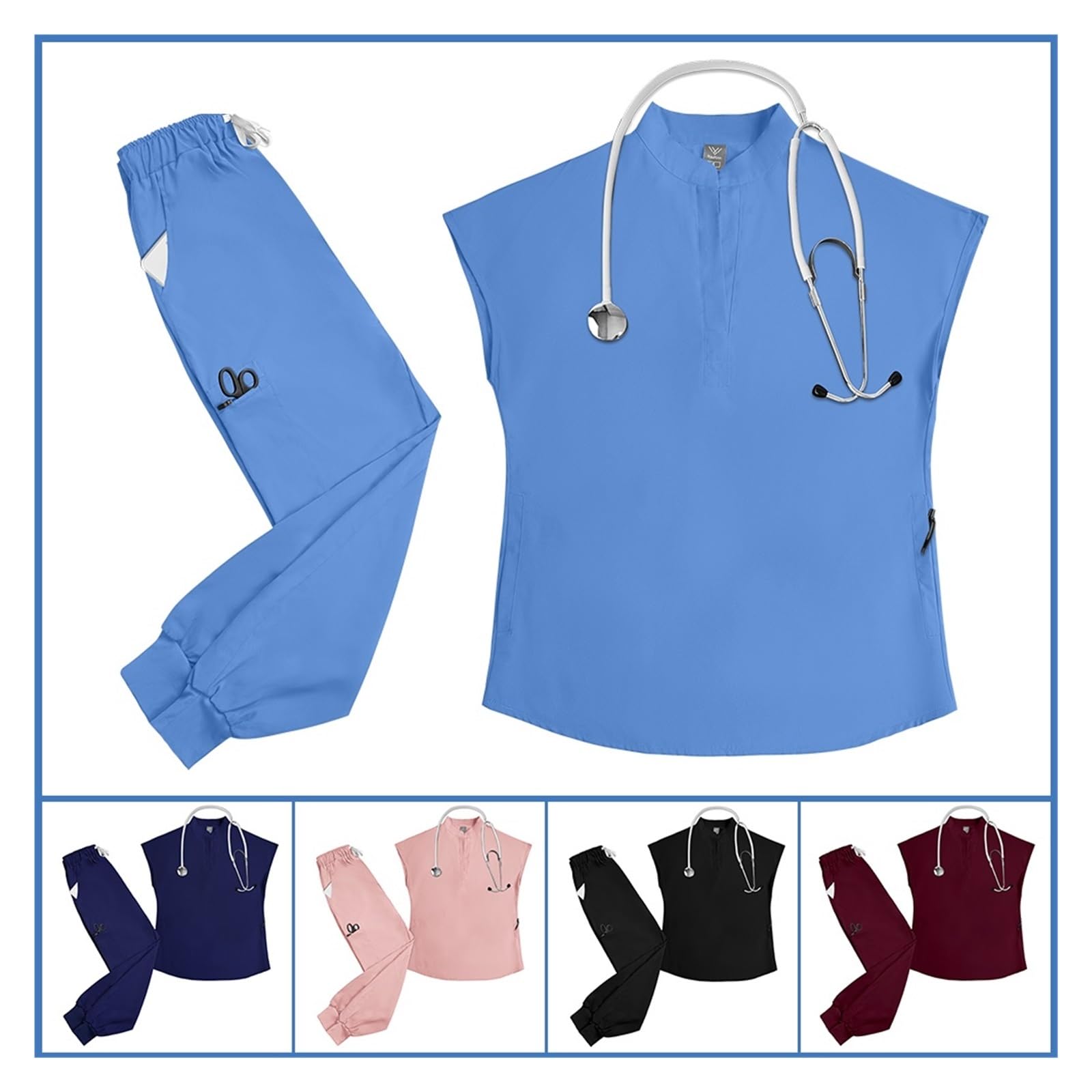 Uniforme Enfermera Uniformes de Hospital, Tela elástica Suave, Ropa Trabajo clínica, Camisetas quirófano, Pantalones, quirúrgica(Deep Blue,XL)