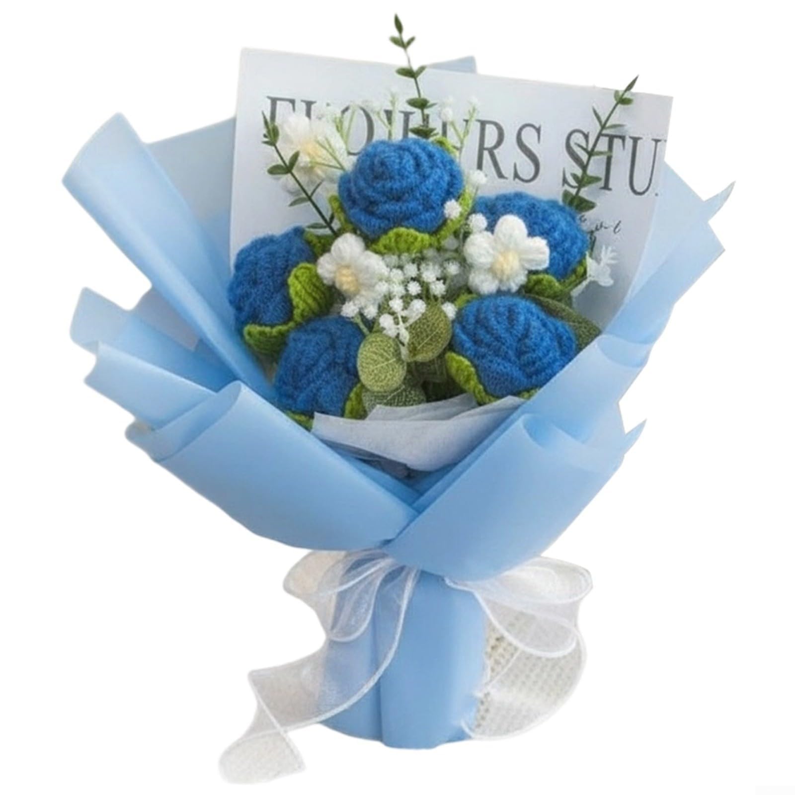 ASMJHQCLW Hand Woven Artificial Flowers, Hand Crochet 5 Roses Multicolor Artificial Bouquet Wedding Birthday Anniversary Valentine(Blue)