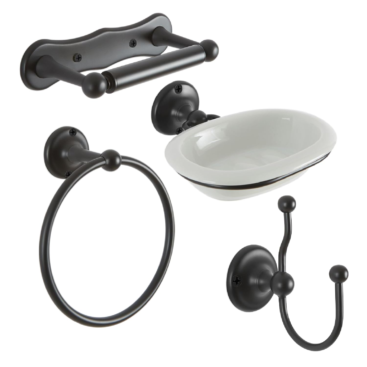Milano Elizabeth Bathroom Accessory Set Towel Ring Robe Hook Soap Dish Toilet Roll Holders - Black
