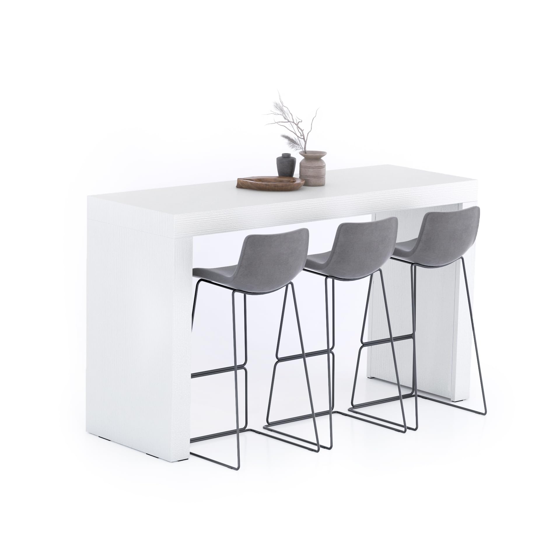 Mobili Fiver Evolution Tall Kitchen Bar Table Made in Italy | Space Saving, Counter Height Table for 6 | Modern Breakfast Bar Counter Top w/Cable Holder | Ashwood White | 70,9'' x 23,6" in Ashwood White 2 legs - 70,9'' x 23,6"
