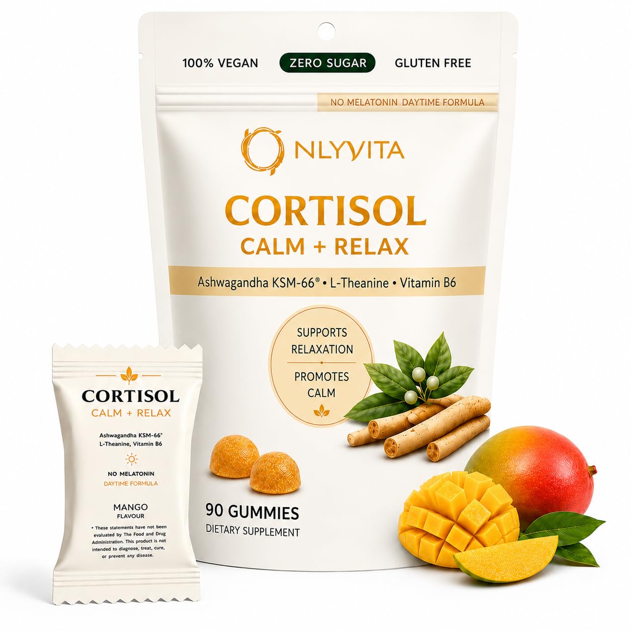 Cortisol Calm - Stress Relief - (90 Gummies) - Individually Wrapped - Potency Preservation - Rapid Action - No Melatonin - Daytime Formula - L-Theanine - Ashwagandha KSM-66 - Vitamin B6