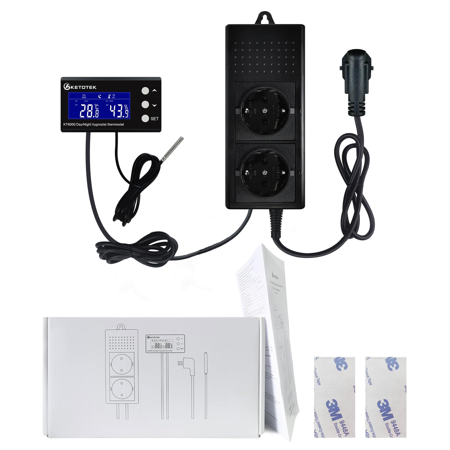 KETOTEK Enchufe con Higrostato Termostato con Sonda, Dia/Noche Controlador de Humedad y Temperatura Regulador Digital 220V con Temporizador para Terrario Reptil Invernadero Incubadora