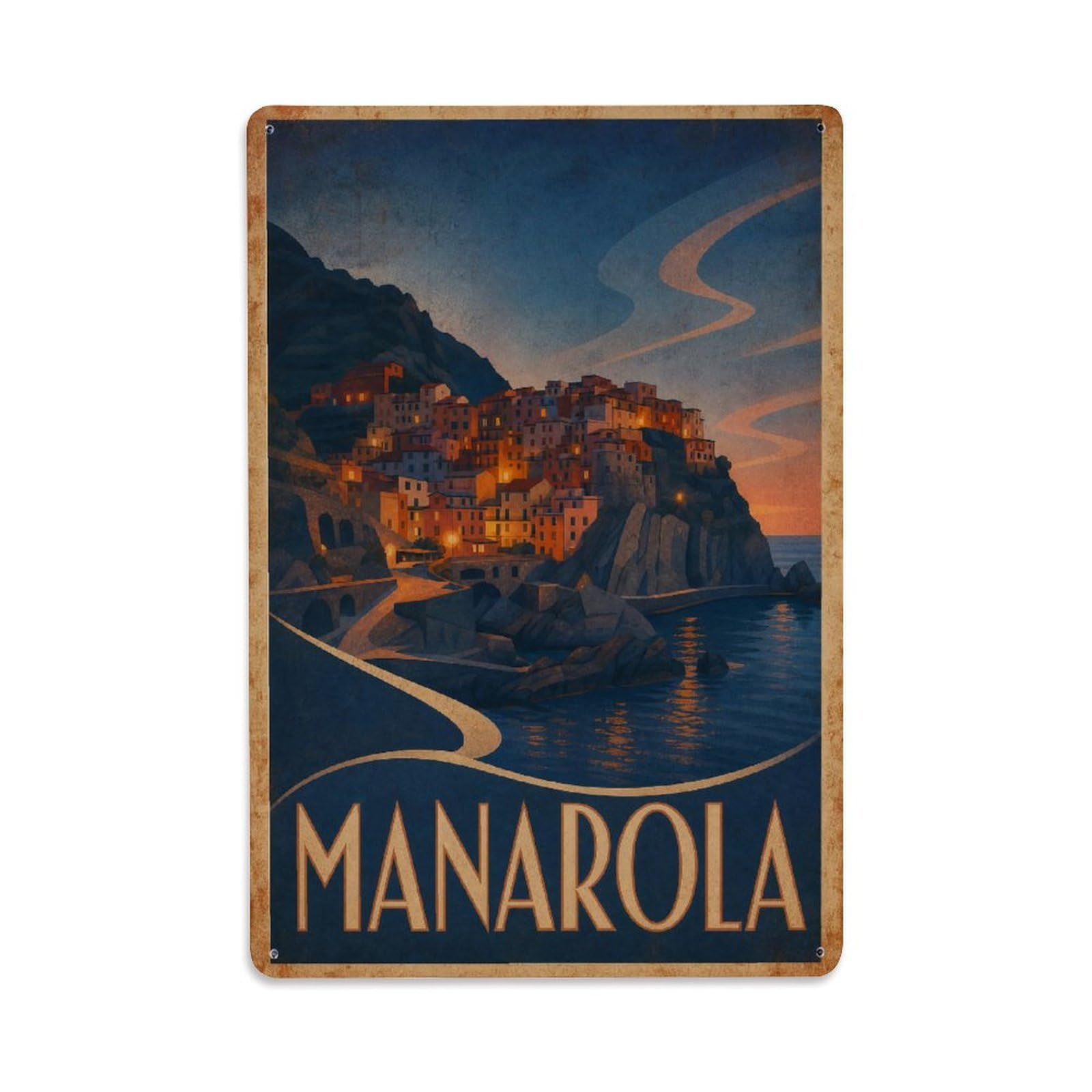 Huiyhb 8X12inch(20X30cm) Vintage Travel Manarola Blue Hour Twilight Village Italy Metal Tin Sign