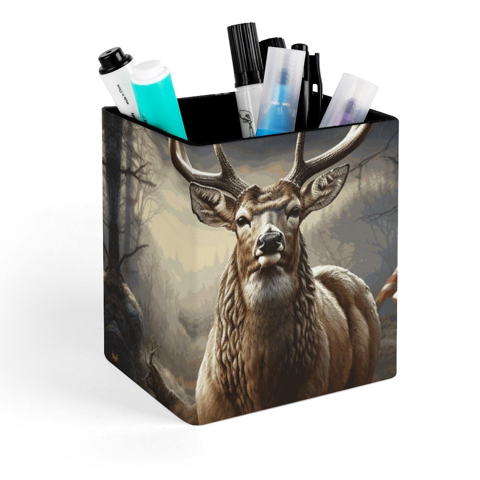 FekiLoot Deer Hunting Season Pencil Holder Square Leather Pen Holder Cup Modern Multi-Functional Pencil Cup Holder Decorative Desk Organizer Caddy Makeup Brush Holders for Desk Office