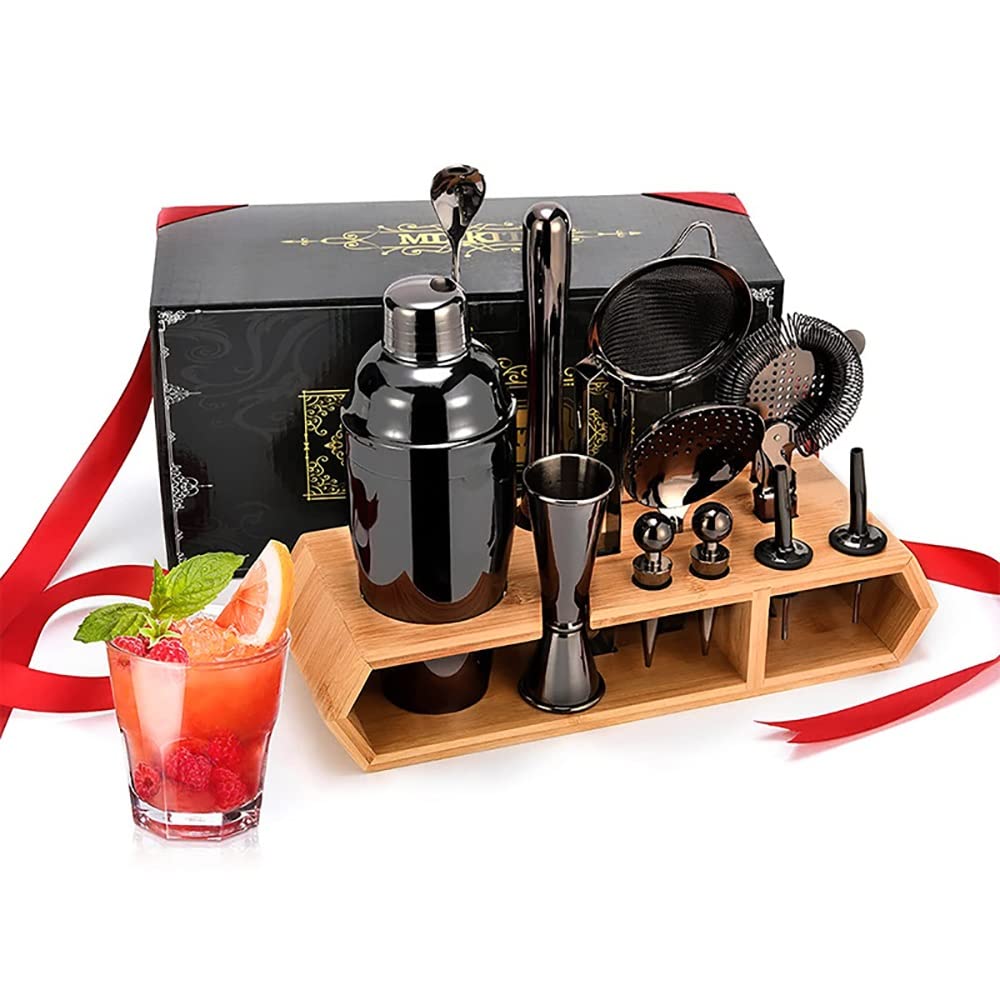 hansum Juego de coctelera de 18 piezas de acero inoxidable para hacer cócteles con soporte de madera (color: negro)