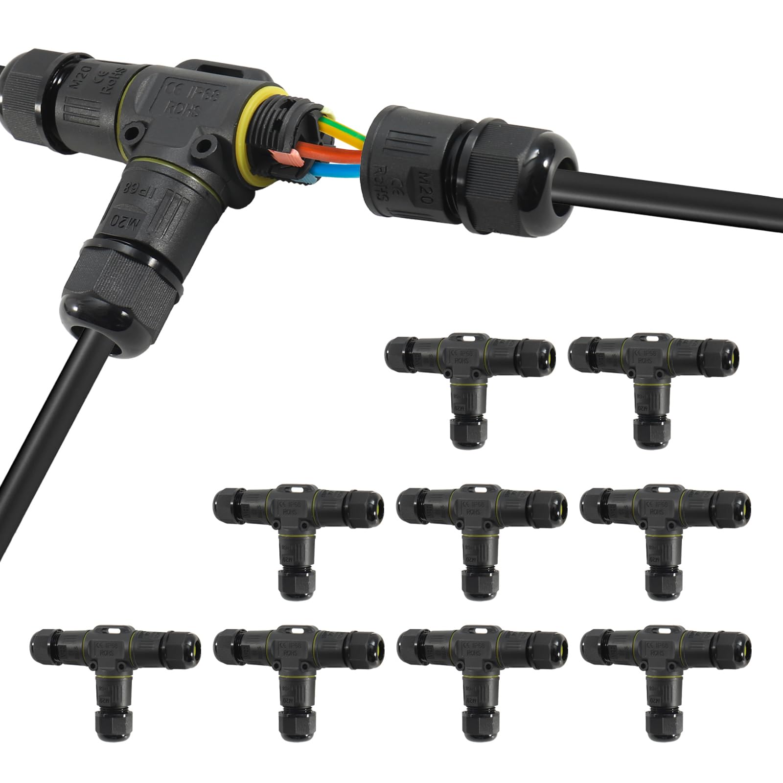 10 Piezas Empalmes Cables Electricos, 3 Pines Conector Estanco, Conexión Rápida Forma T Conector de Cable Resistente IP68, Manguito de Conexión Subterráneo para Diámetro de Cable Ø3-12 mm