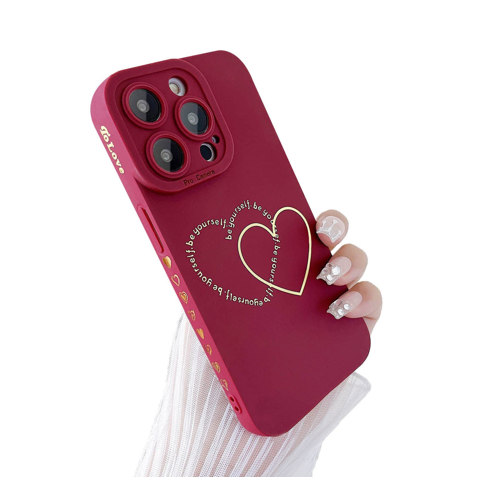 for iPhone 14 Pro Case for Women Girls Cute, Gold Plated Letter Double Heart Case Soft Shockproof, Full Camera Lens Protective Phone Cases for iPhone 14 Pro 6.1 inch- Red Wine