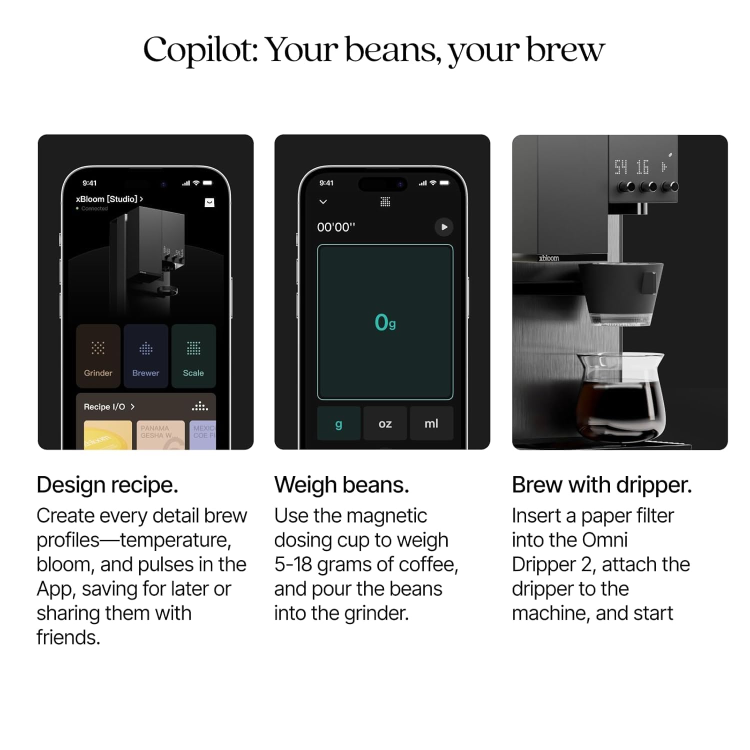 xBloom Studio – Macchina Caffè Premium 3 in 1 con Macinatore, Bilancia Integrata e 3 Livelli di Automazione – Macchina Caffè Automatica a Goccia Midnight Black 220-240V