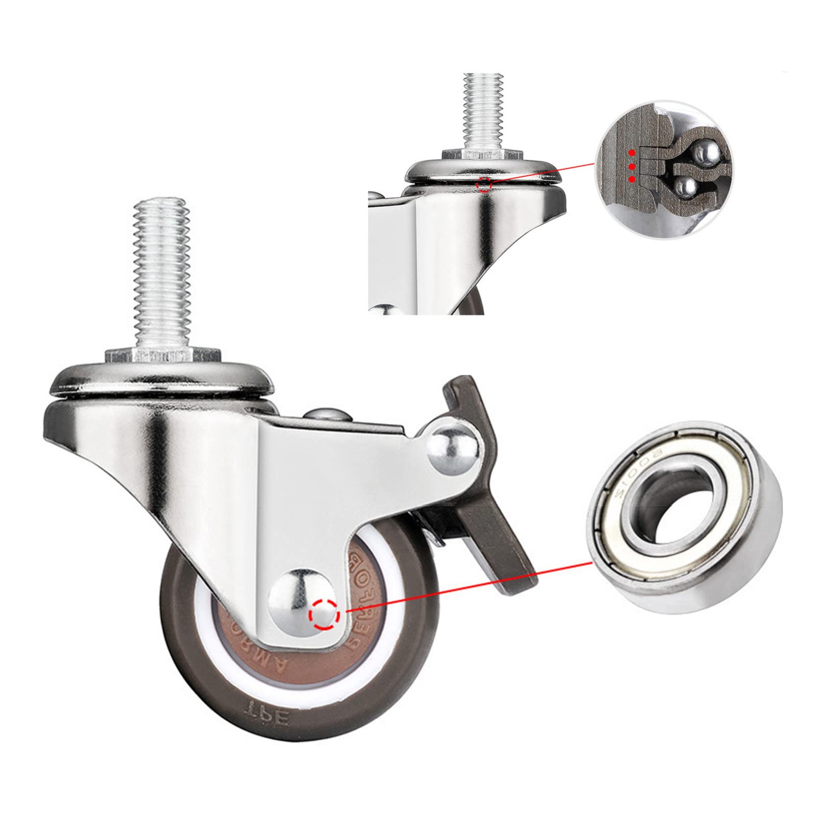 Rotelle girevoli mute Gomma TPR,Pivotanti Ruote mobili,Ruote Con gambo filettato,per Mobili,Sedie,Tavolo,Carrello,Banco da lavoro,4 pezzi,M10-2nobrakes+2brakes
