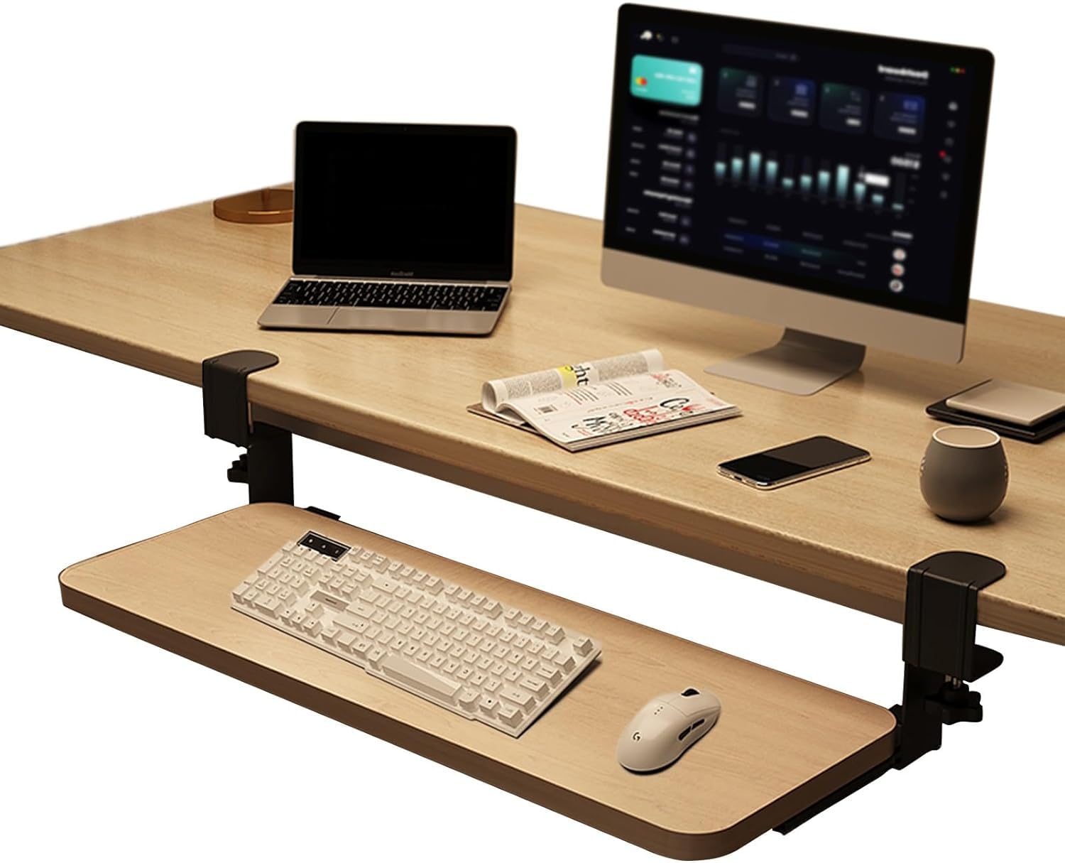 CVJdfhRE desk extender， Clamp-On Desk Extension, Pull-out Keyboard Mouses Storage Drawers Holder, Support Arm, Relieve Fatigue(Wood,52 * 24cm(20.5 * 9.5in))