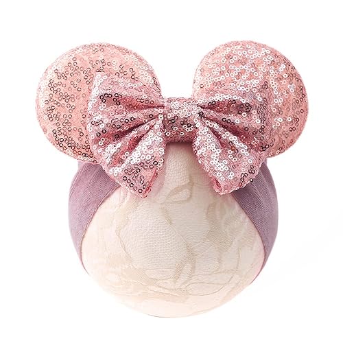 Miniatura 3 de JIAHANG Diadema de turbante con orejas de ratón para bebé niña con lazos de lentejuelas doradas, banda ancha de terciopelo para el pelo para recién