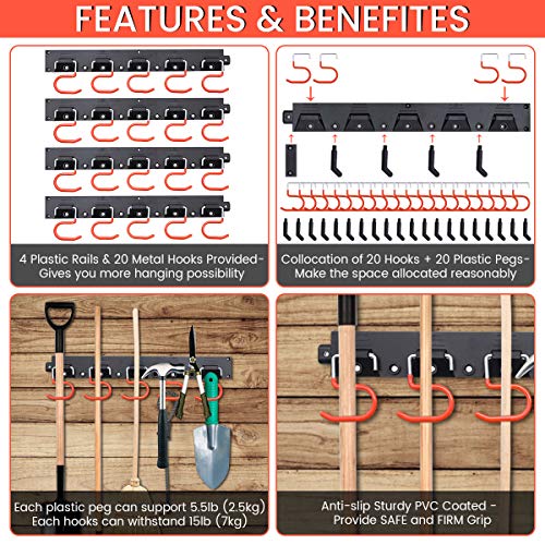 MOHOO 64 Inch Adjustable Storage System, Wall Holders for Tools, Wall Mount Tool Organizer, Garage Organizer, Garden Tool Organizer, Heavy Duty Tools Hanger with 4 Rails 16 Hooks