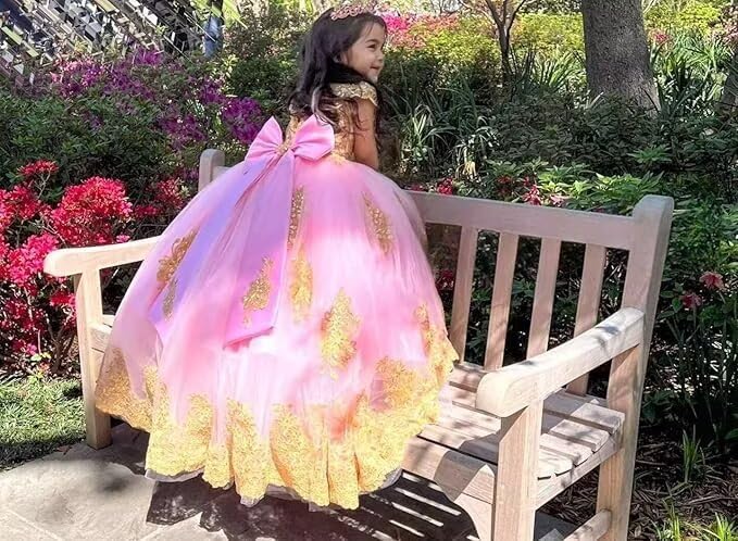 Scoop Neck Flower Girl Dresses for Wedding Gold Lace First Communion Dress Puffy Tulle Pageant Dresses for Girls3