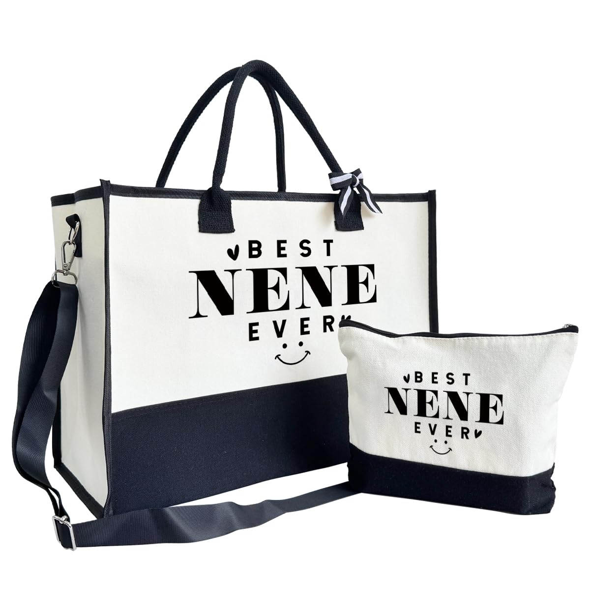 SUSZDOU Best Nene Ever Gift – Canvas Beach Tote Bag with Inner Pocket & Matching Makeup Pouch, Reusable Canvas Tote for Women, Mother’s Day Birthday