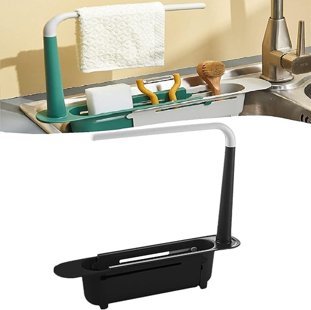 TOKLYUIE Updated Telescopic Sink Storage Rack, Adjustable Sponge Soap Holder Telescopic Sink Rack Holder, Expandable Storage Drain Basket Rack for Home Kitchen (Nordic Black)