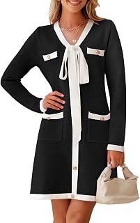 Women Long Sleeve Color Block Sweater Dress Button Bow Tie Elegant Formal Work Mini Dresses