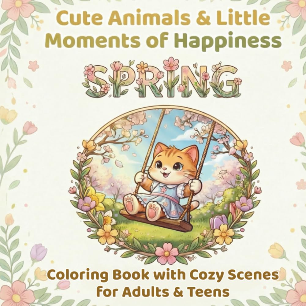 Cute Animals and Little Moments of Happiness in Spring: Coloring Book with Cozy Scenes for Adults and Teens. 40 Fun & Happy Illustrations for Relaxing Coloring.