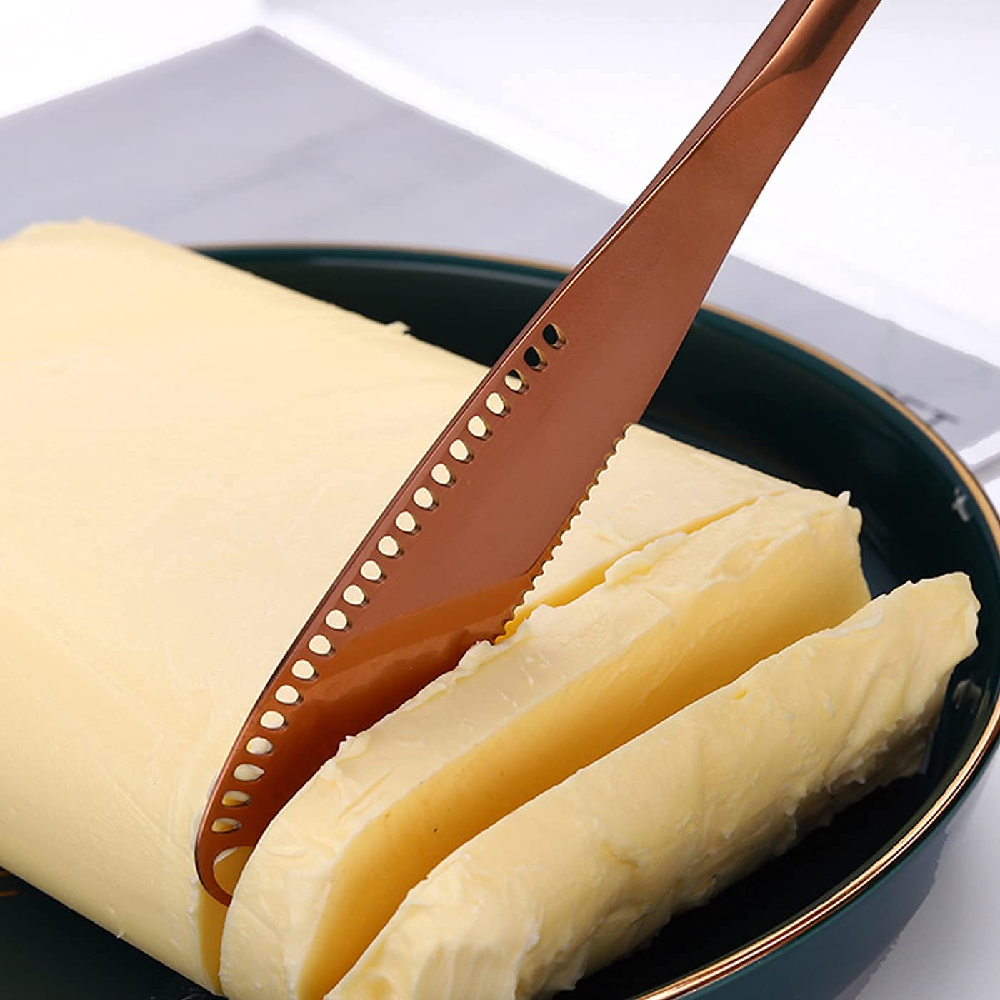 DHVSAM Butter Knife Spreader Stainless Steel ? Butter Spreader Knife, Kitchen Gadgets and Tools, Easy Spread Butter Knife for Cold Butter, Japanese Butter Knife with Holes (Red Gold 1 Pcs) 2