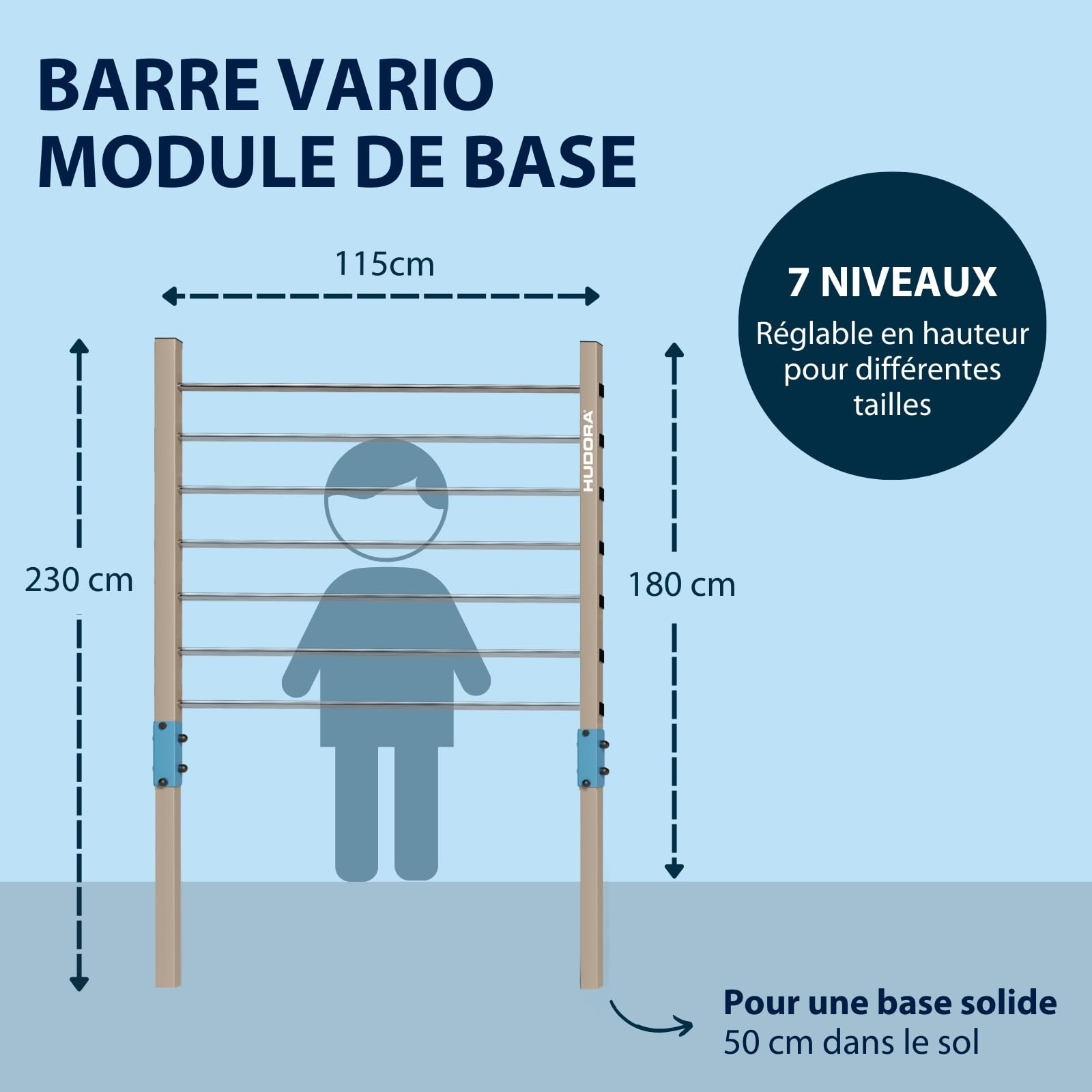 HUDORA Vario barre de gymnastique - barre réglable en hauteur à 7 positions pour enfants & adultes - extensible avec barre en acier inoxydable - barre de fitness robuste jusqu'à 120 kg