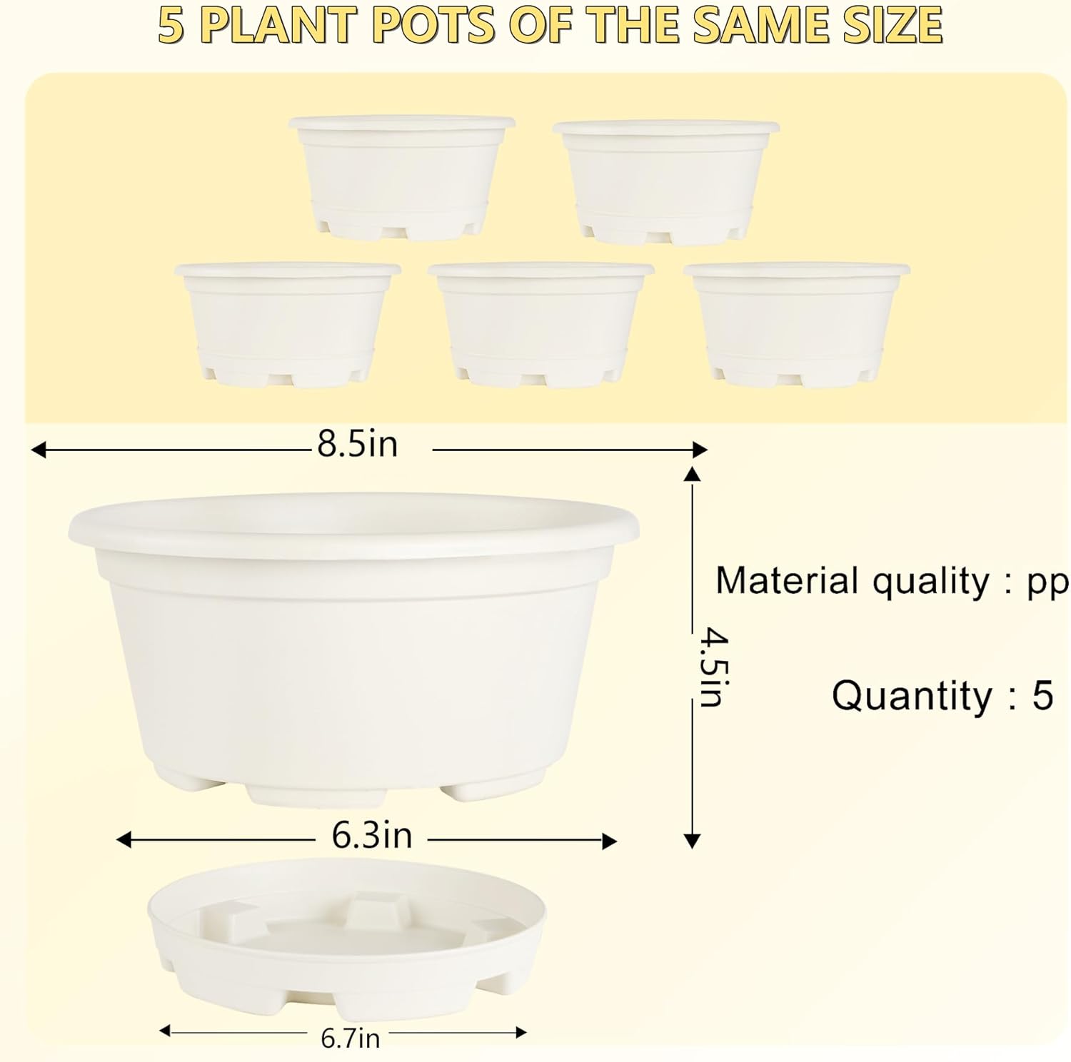 KPUVX 5 Pack 8.5 inch Plant Pot,Outdoor Flower Pots,Plastic pots for Plants Indoor with Drainage Holes and Trays, Decorative Garden Containers Sets for Houseplants