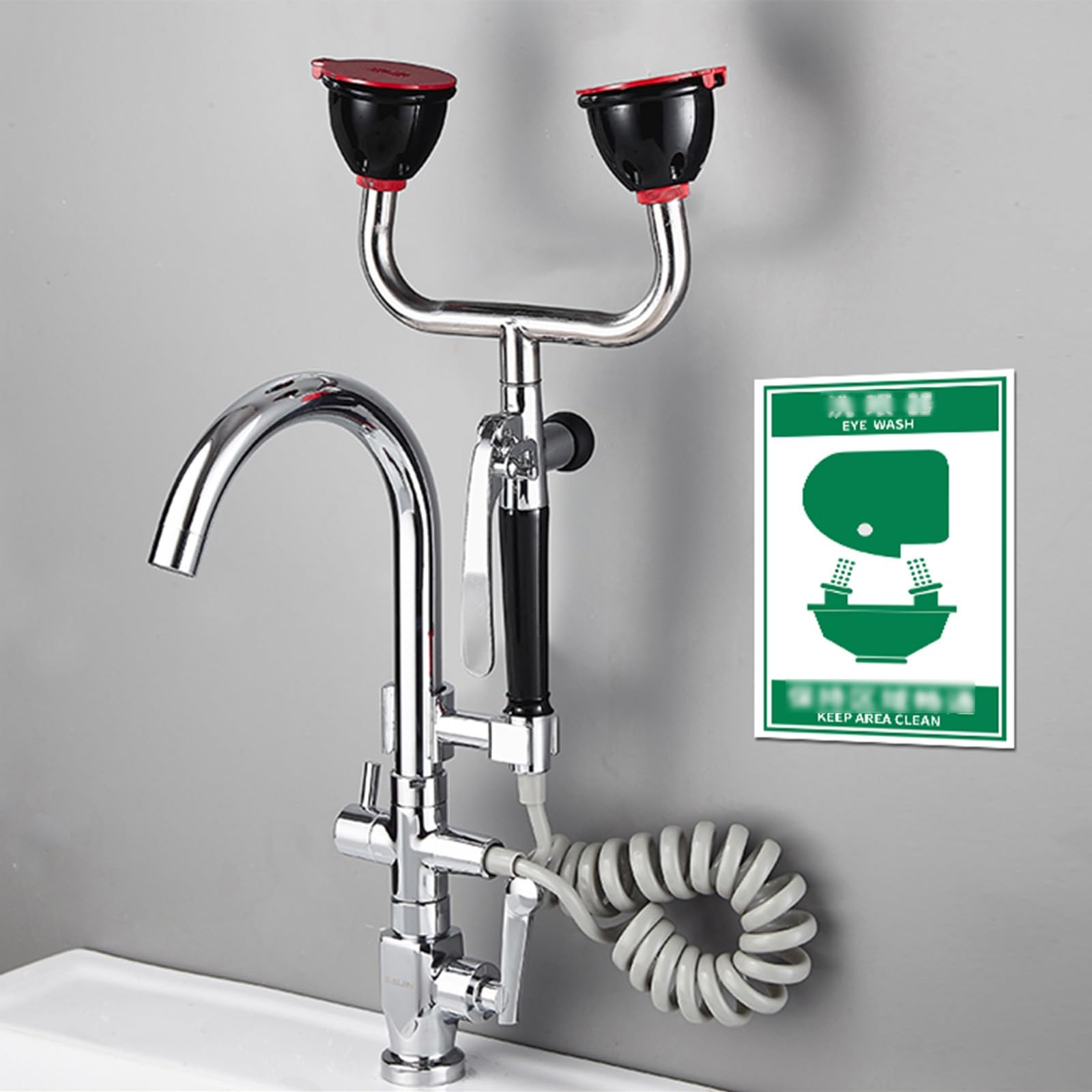Estación de Lavado de Ojos de Emergencia, lavaojos portátil Multifuncional, Accesorio de Lavabo móvil para Lavado de Ojos montado en el Grifo con señal de irrigación de Ojos (Puerto Doble)