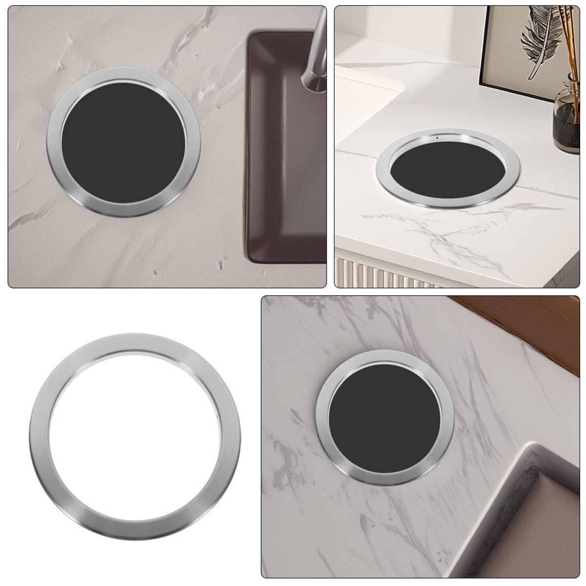 OSALADI Tapa Empotrada para Cubo de Basura de Cocina en Acero Inoxidable 430, Diseño Hueco Anillo Redondo, Cubierta Abatible Integrada para Encimeras, Solución Oculta y Compacta