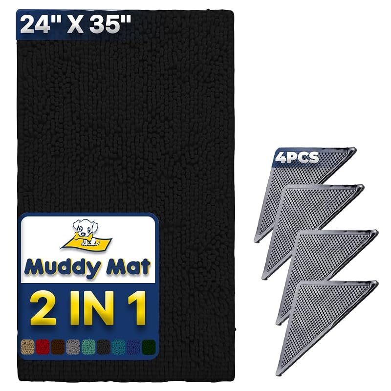 Tapete Absorvente de Microfibra Chenille para Cães Muddy Mat Preto 61 x 89 cm com Pads Antiderrapantes para Cantos, Pacote com 4