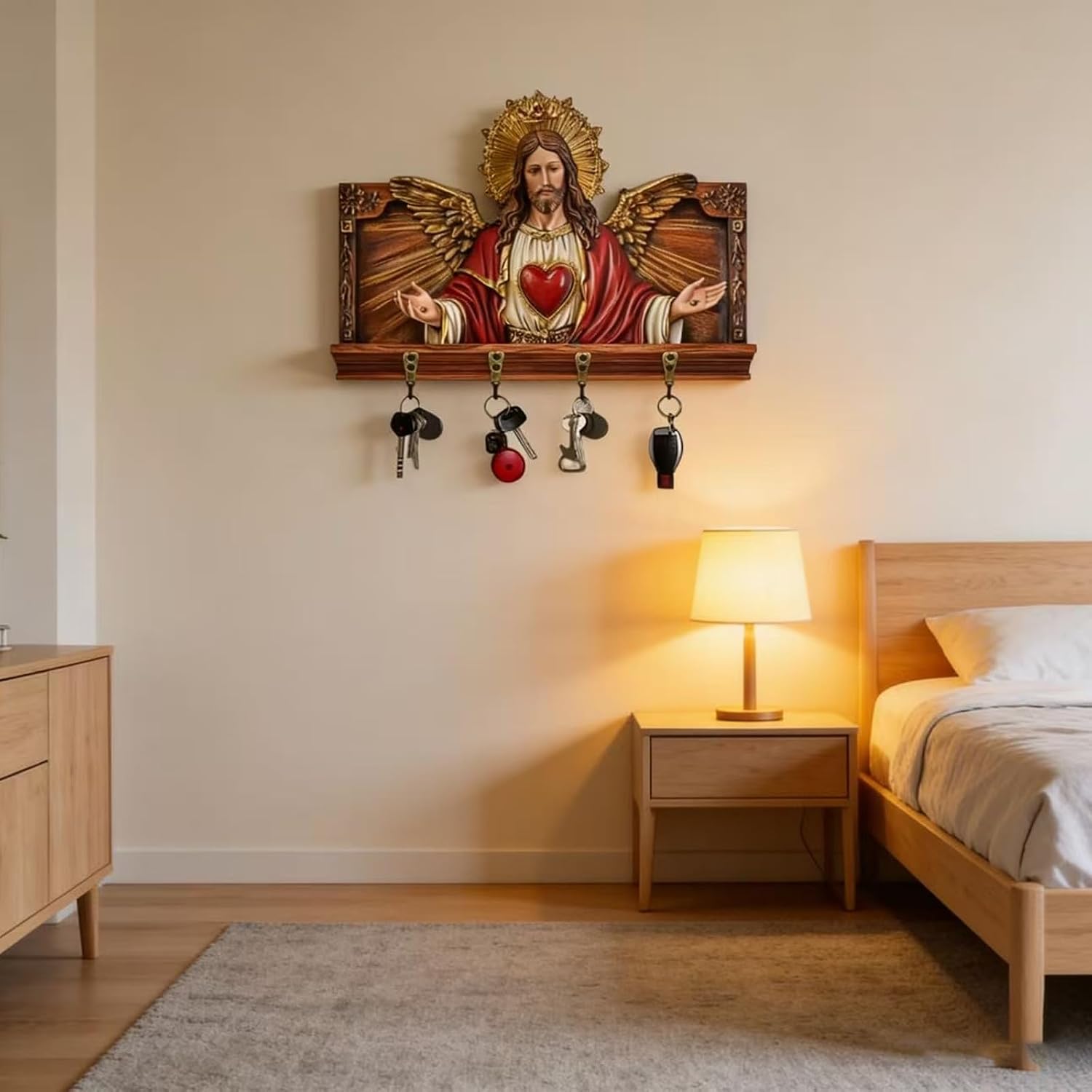 Jesus Sacred Heart Key Holder Wall Mount, Resin Angel Wings Decorative Key Rack with 4 Hooks, Religious Christian Home Entryway Organizer for Keys, Jewelry, and Small Accessories