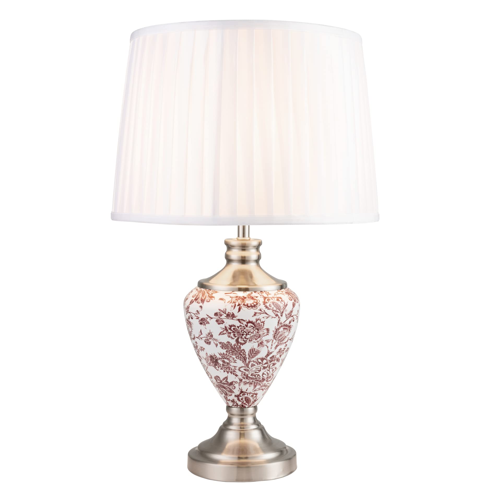 Lighting Supermarket Ivory,Red,Silver Hepburn Large Printed Ceramic Table Lamp With Ivory Pleated Shade - Red Print & Silver