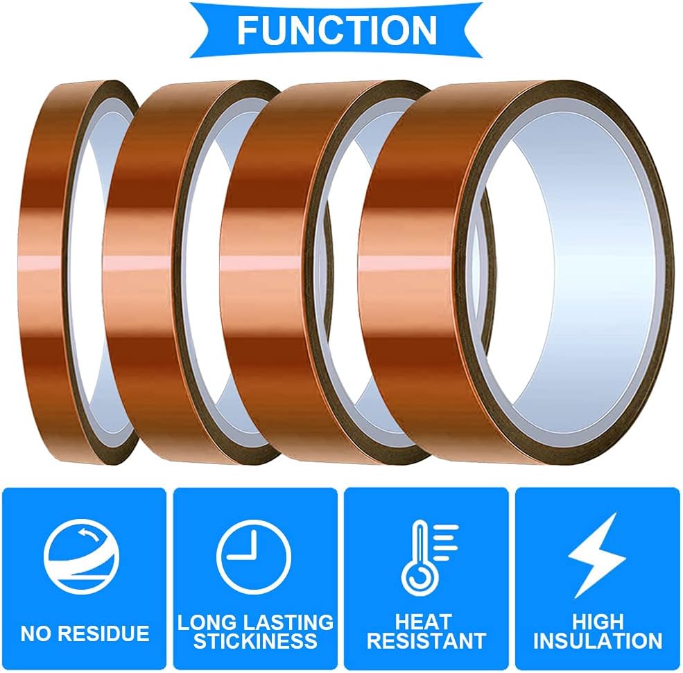 DAOKI 4 Rolls High Temp Tape Polyimide Heat Resistant Tape 4 Size 1/8", 1/4", 1/2", 1" x 33m(108ft) Thermal Tape High Temperature Tape for Masking, Soldering, Heat Transfer