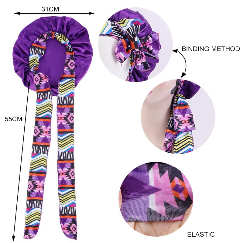Satin Hair Bonnet, Adjustable Sleep Cap with Elastic Band, Hair Protection for All Hair Types, Pink+purple+peacock blue - Image 2